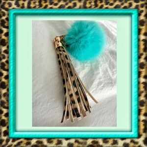 👑✅PRICE FIRM✅ Leopard Print Tassel with Genuine Rabbit Fur Teal Colored Pom Pom